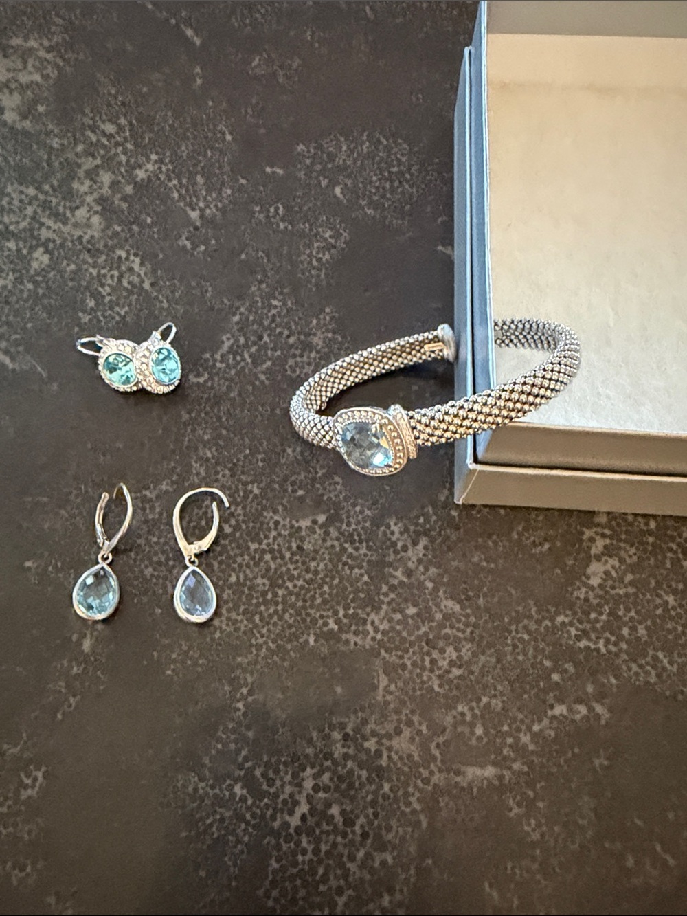 Sterling Silver Blue Topaz Wrap Bracelet and 2 Sets of Earrings